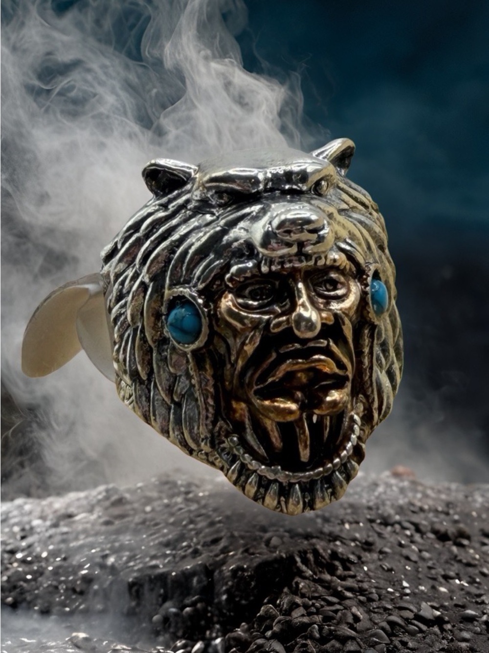 Indian Chief  Wolf Head Navajo Influenced Ring , Silver Color Blue Settings